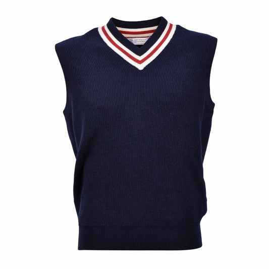 BRUNELLO CUCINELLI MEN'S 100% CASHMERE CABLE KNIT V NECK NAVY SWEATER/VEST