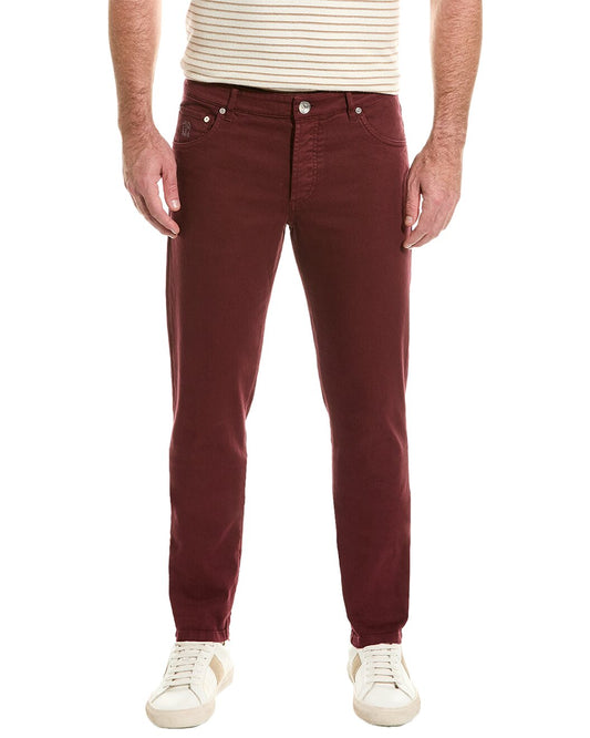BRUNELLO CUCINELLI MEN'S 5 POCKET SKINNY FIT BURGUNDY DENIM JEAN PANTS