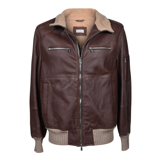 BRUNELLO CUCINELLI MEN'S SHEARLING LINED 100% LEATHER BOMBER JACKET NEW MEDIUM