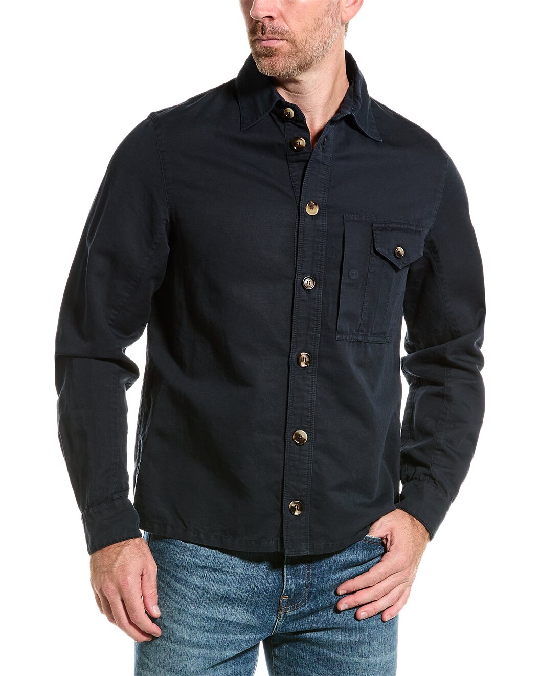 BRUNELLO CUCINELLI MEN'S COTTON BLEND BUTTON DOWN NAVY SHIRT JACKET