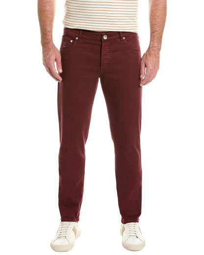 BRUNELLO CUCINELLI MEN'S 5 POCKET SKINNY FIT BURGUNDY DENIM JEAN PANTS