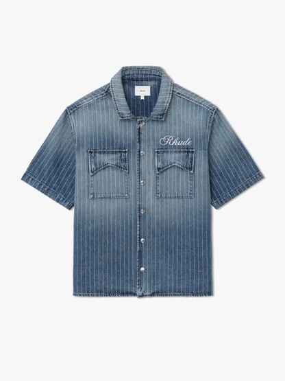 RHUDE MEN'S WABASH DENIM SNAP SHIRT
