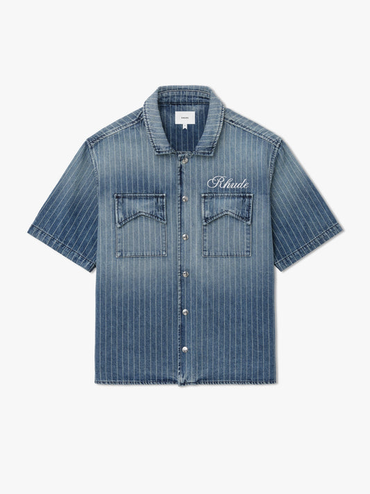 RHUDE MEN'S WABASH DENIM SNAP SHIRT