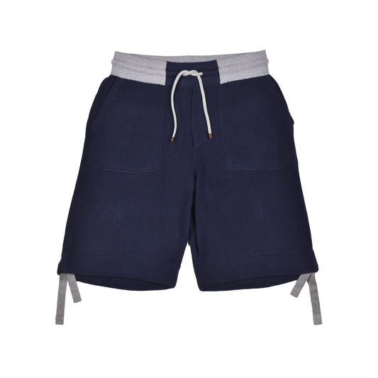 BRUNELLO CUCINELLI MEN'S 100% COTTON TWO TONE NAVY KNIT FASHION GYM SHORTS MED.