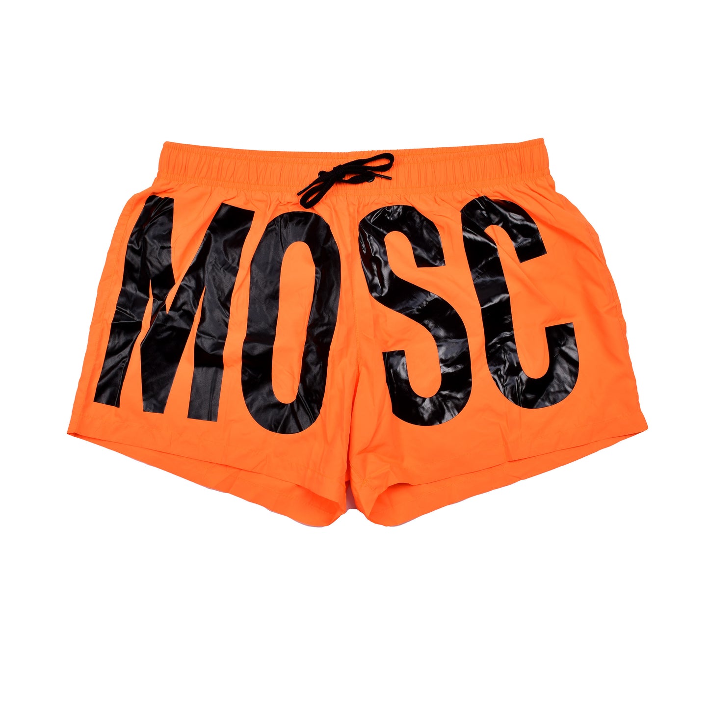 MOSCHINO MEN'S BLACK ON ORANGE NEON LOGO SWIM TRUNKS