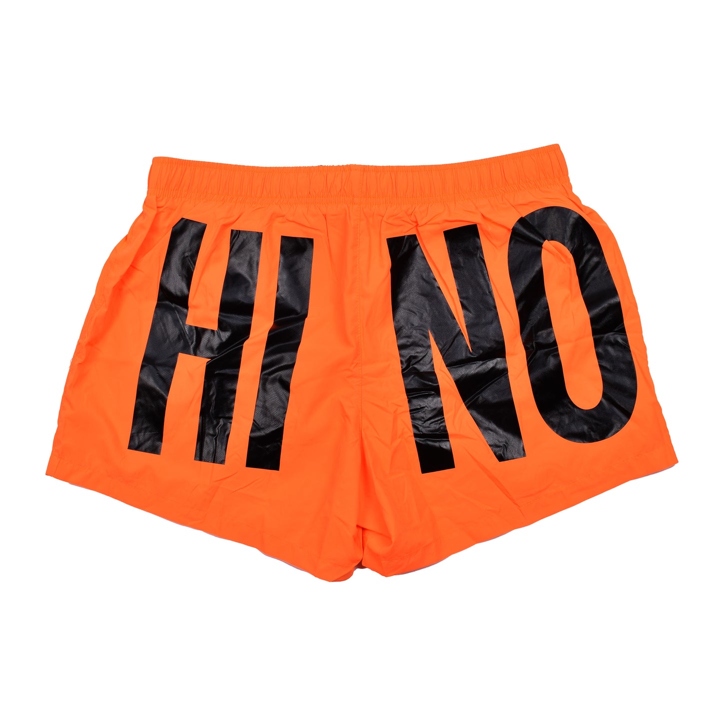 MOSCHINO MEN'S BLACK ON ORANGE NEON LOGO SWIM TRUNKS