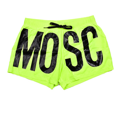 MOSCHINO MEN'S BLACK ON NEON YELLOW LOGO SWIM TRUNKS