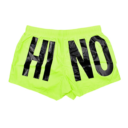 MOSCHINO MEN'S BLACK ON NEON YELLOW LOGO SWIM TRUNKS