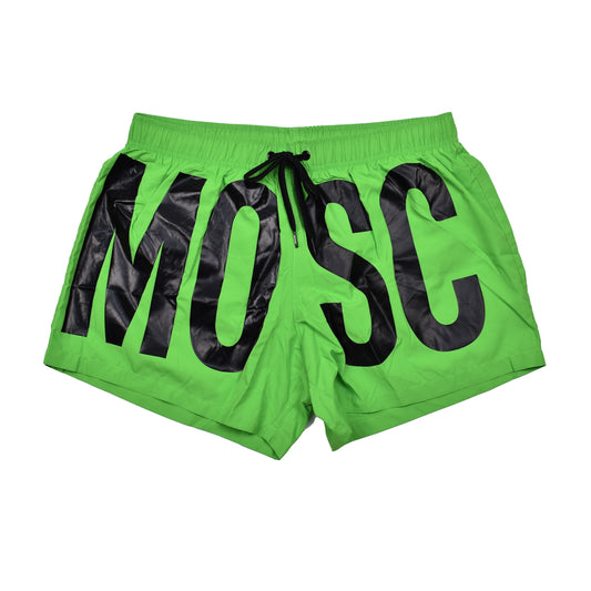 MOSCHINO MEN'S BLACK ON NEON GREEN LOGO SWIM TRUNKS