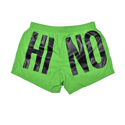 MOSCHINO MEN'S BLACK ON NEON GREEN LOGO SWIM TRUNKS