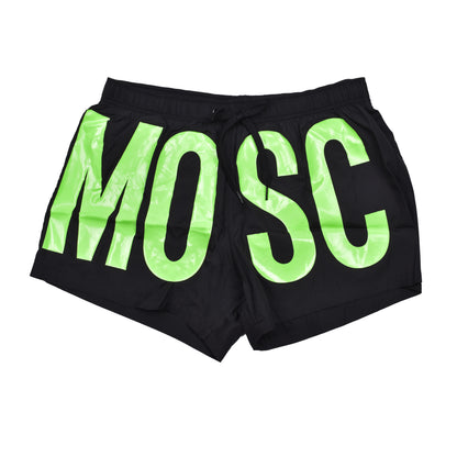 MOSCHINO MEN'S NEON YELLOW ON BLACK LOGO SWIM TRUNKS