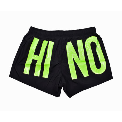 MOSCHINO MEN'S NEON YELLOW ON BLACK LOGO SWIM TRUNKS