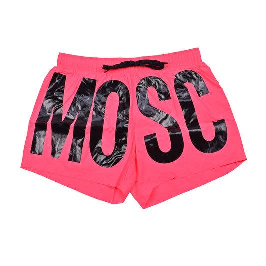 MOSCHINO MEN'S BLACK ON FUSCIA LOGO SWIM TRUNKS