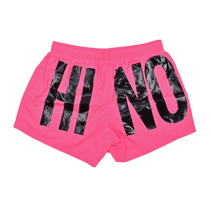 MOSCHINO MEN'S BLACK ON FUSCIA LOGO SWIM TRUNKS