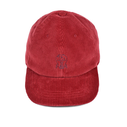 BRUNELLO CUCINELLI MEN'S 100% COTTON RED CORDUROY LOGO BASEBALL CAP/HAT