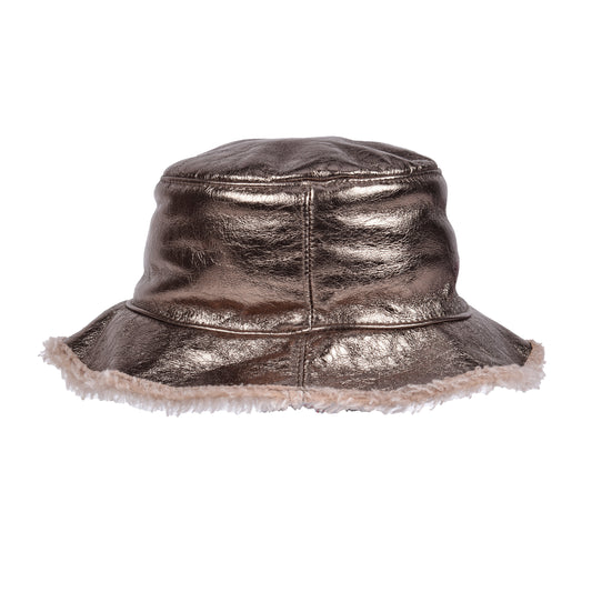 BRUNELLO CUCINELLI WOMEN'S FUR LINED BUCKET STYLE GOLD TONED LEATHER HAT