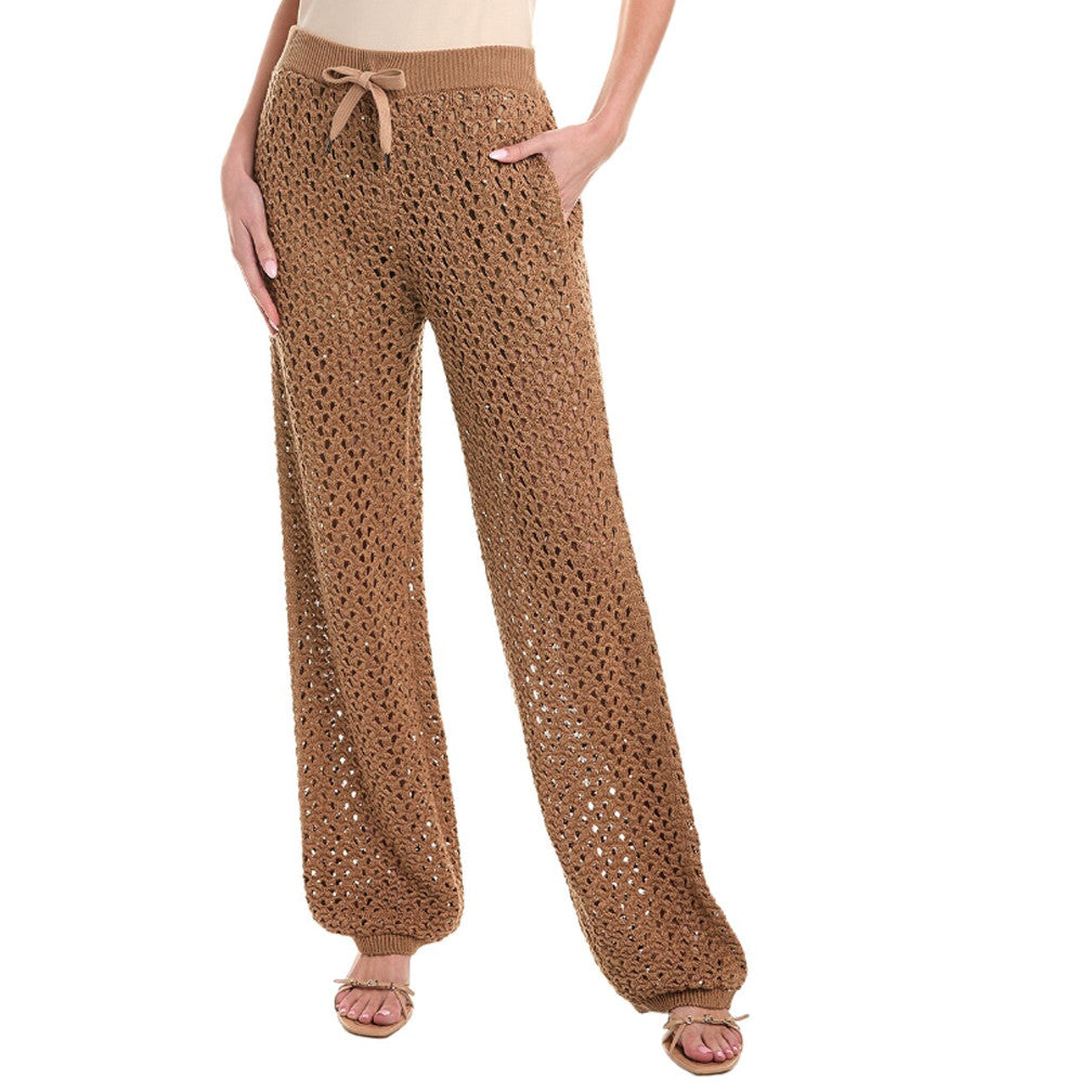 BRUNELLO CUCINELLI WOMEN'S COTTON BLEND CASUAL BROWN KNIT PANTS/TROUSERS