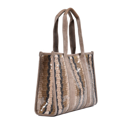 BRUNELLO CUCINELLI WOMEN'S LEATHER BLEND STRIPED SEQUINS TOTE/HAND BAG