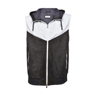 BRUNELLO CUCINELLI MEN'S TWO TONE ATHLETIC SUEDE HOODIE VEST/JACKET