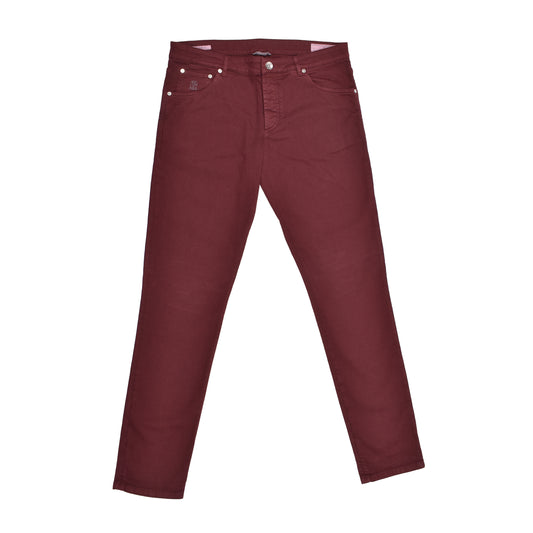 BRUNELLO CUCINELLI MEN'S 5 POCKET SKINNY FIT BURGUNDY DENIM JEAN PANTS