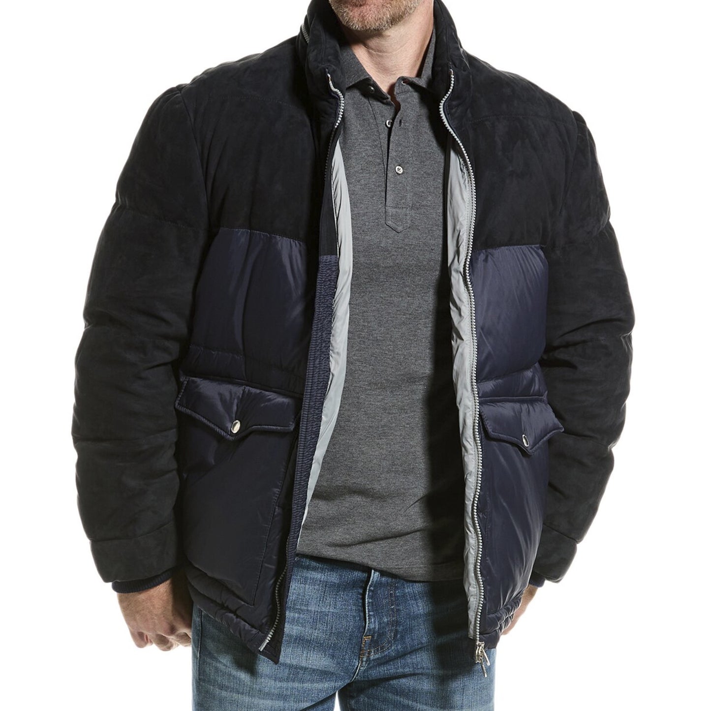 BRUNELLO CUCINELLI MEN'S TWO TONE SUEDE BLEND QUILTED PUFFER JACKET/COAT