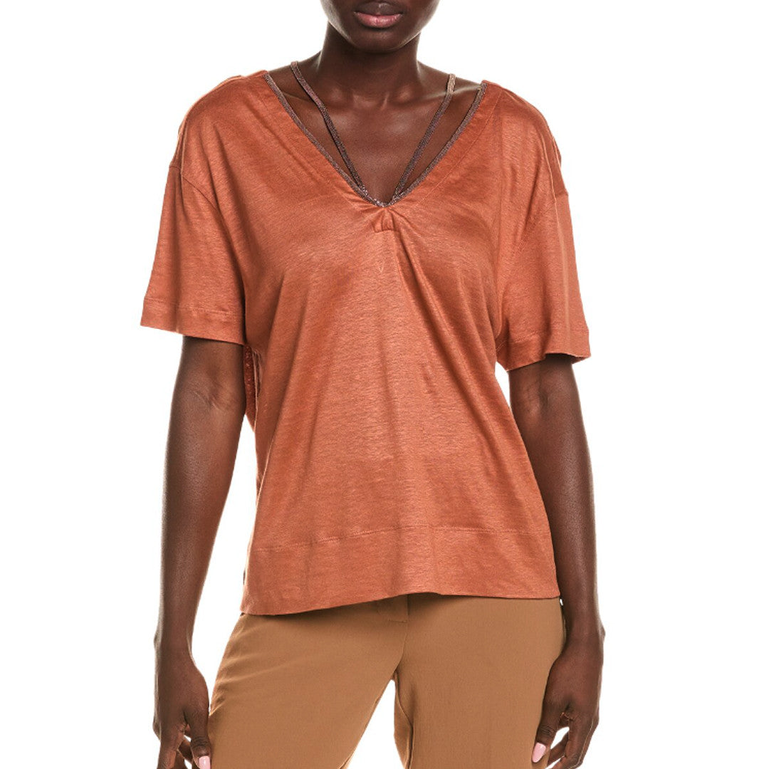 BRUNELLO CUCINELLI WOMEN'S SILK BELND MONILI BEAD LINED SHIRT/TOP