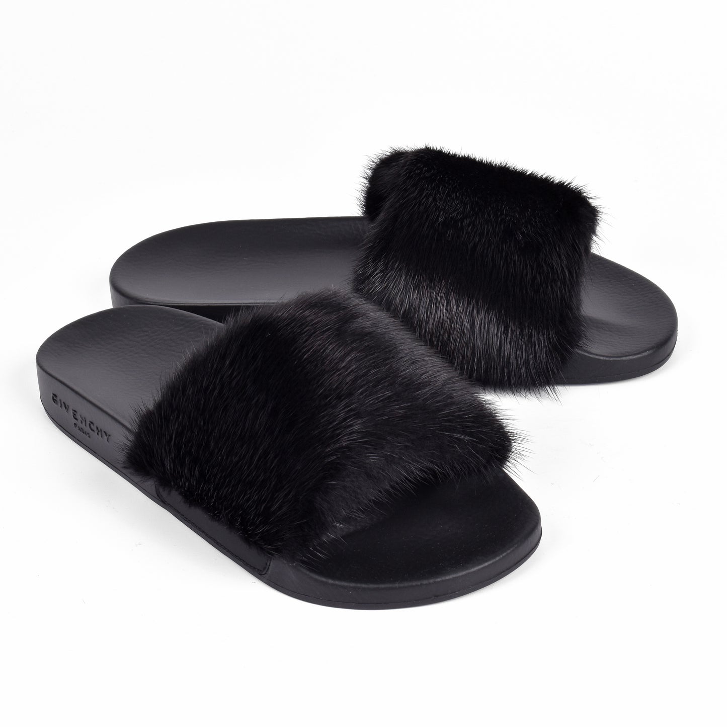 GIVENCHY WOMEN'S BLACK MINK FUR FLAT SLIDES NEW IN BOX