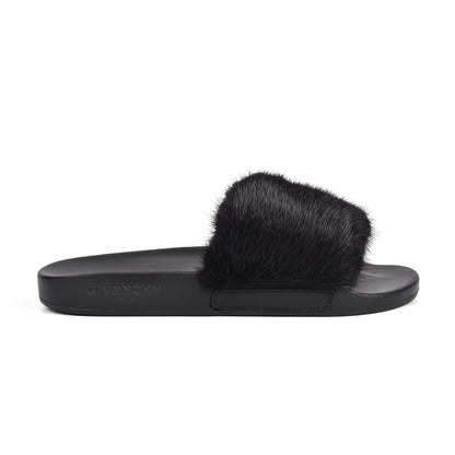 GIVENCHY WOMEN'S BLACK MINK FUR FLAT SLIDES NEW IN BOX