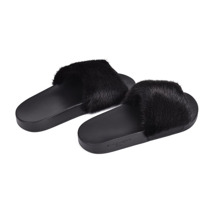 GIVENCHY WOMEN'S BLACK MINK FUR FLAT SLIDES NEW IN BOX